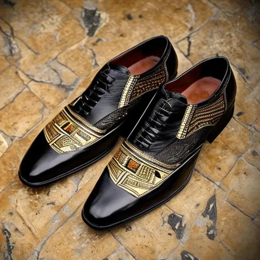 Prompt: Classic black men's shoes inspired by the ancient Pharaonic civilization and decorated with inscriptions