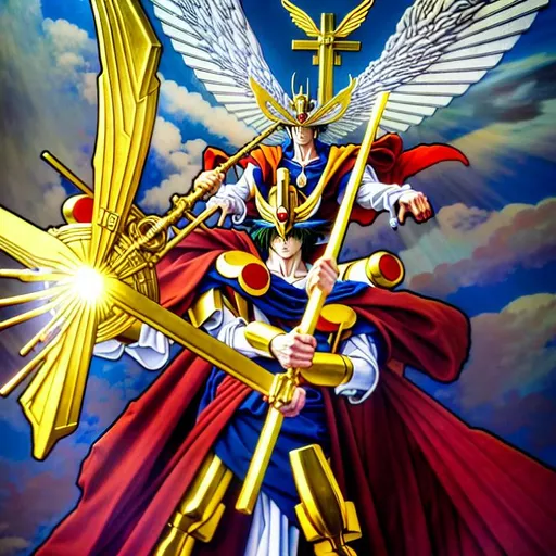 Prompt: 
8k, hdr, highly detailed god ultimate winged gundam holding  big cross in his right hand and a glowing scythe in his left hand, rhads, alucard, alphonse mucha, global illumination, detailed surrounding forest, akira toriyama