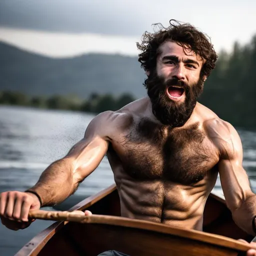 Prompt: Photo of a young man with a hairy chest rowing a boat.