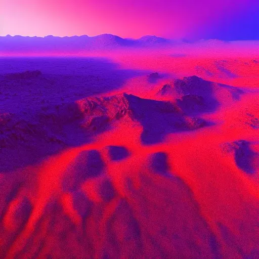 Prompt: concept art, hyperrealism, thick red sandstorm grain filter, "Warlocks and Warriors" Sprague de Camp style, aerial view, purple desert, jagged purple crag, red sky, sun hidden by sand