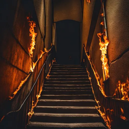 Prompt: fire, stairs to hell, death, fear, suffering, grim, sad, regret, devil