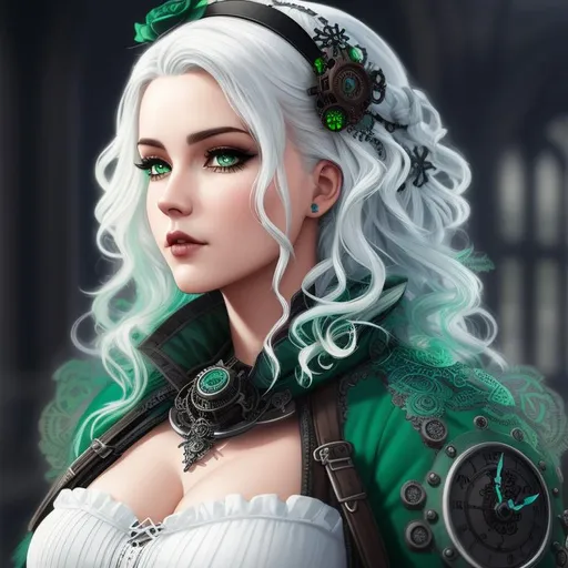 Prompt: A hyper realistic detailed character poster ((full body)) image of a ((beautiful woman)),  with intricate ((sexy steampunk clothes)) with ((white hair)) a ((gothic green steampunk dress)), balayage wild hair, highly detailed, digital painting, Trending on artstation, HD quality, ((by Prywinko)), ((sexy))