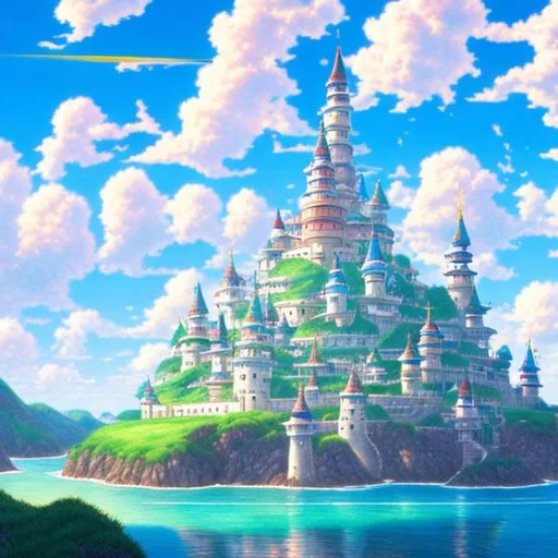 Prompt: Colored pencil anime picture of a floating castle, partly sunny sky, highly detailed, hayao miyazaki