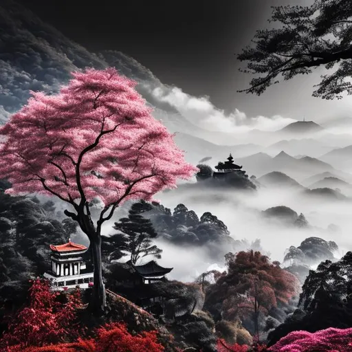 Prompt: Black and white background fog on top of mountains. Black and white small monk in the background meditating under a Japanese  looking tree with pink leaves and black and white trunk in a monastery