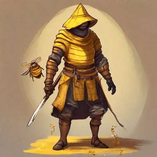 Prompt: Concept art of a wandering swordsman wearing the garb of a medieval beekeeper