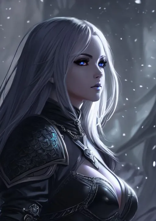 Prompt: A beautiful thief from the D&D Circle of Stars, perfec eyes, full body character portrait, dark fantasy, detailed realistic face, digital portrait, fiverr dnd character, beautiful female Drow, gray skin, wearing leather armor.