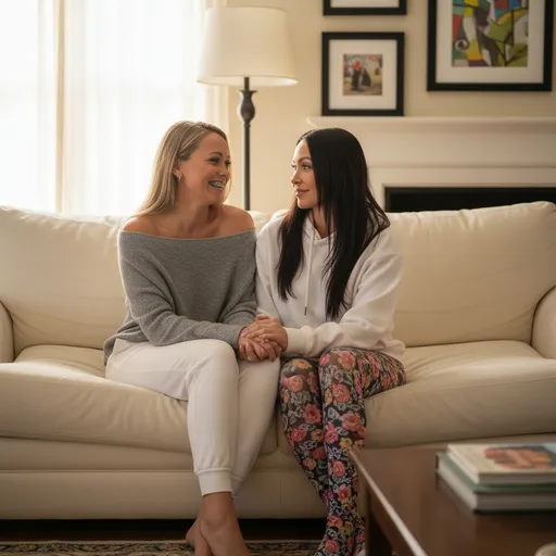 Prompt: @A5sz7ab6VA4ILkobwBt8 @fETKWcp6dMtwX0duprts are sitting on coach in living room. holding hands. @A5sz7ab6VA4ILkobwBt8 had metal teeth on all teeth and is wearing white sweatpants and grey off the shoulder sweater. @fETKWcp6dMtwX0duprts is wearing floral design tights, white hoodie and has dark brown hair