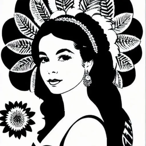 Prompt: A black and white drawing of a 1960s hippie girl with feathers in her hair