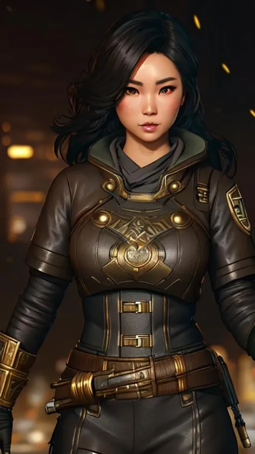 Prompt: Vault female asian dweller from Fallout, dim lighting, dead trees, wavy hair, brown eyes, aesthetic, award winning, artgerm, mucha, volumetric lighting, octane , high detailed, intricate, epic composition, cinematic lighting, masterpiece, stunning, smooth,  award - winning photoart, by conrad roset, by yoshitaka amano, by greg rutkowski, concept art, beautiful face, 4k, david yates