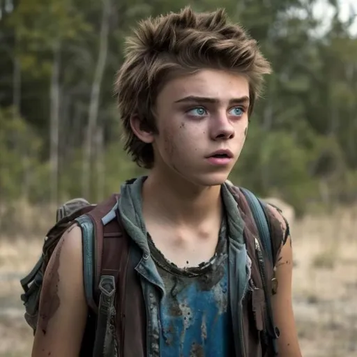 Prompt: The 100 inspired teenaged brown haired blue-eyed teenaged transgender boy post-apocalypse scared survivor