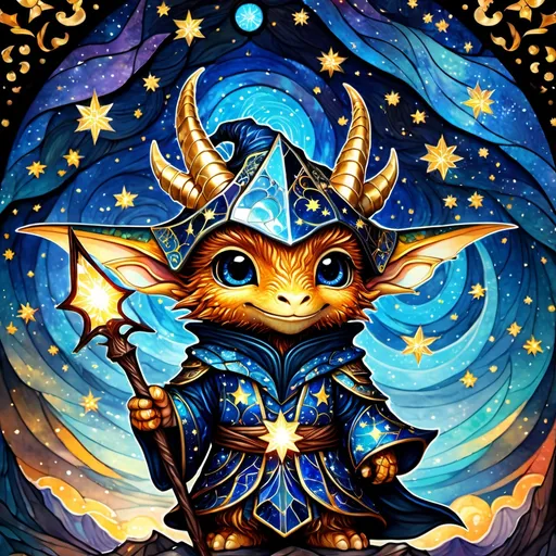 Prompt: an adorable chibi dragonborn wizard, dark starry night, gorgeous eyes, stained glass, fantasy illustration, textured with large visible brush strokes, hypermaximalism, astral patterns, star lit sky, masterpiece, breathtaking intricate details, in the style of Andreas Lie, van Gogh, Hokusai, Luke Gram, Albert Robida, Victo Ngai