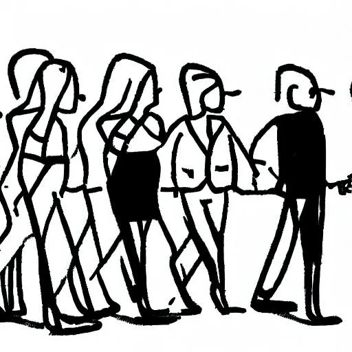 Prompt: draw a simple black and white drawing of a person walking with a group of people alongside her
