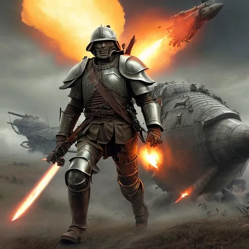 Prompt: A man in a suit of armor steps out of a tank. Ahead of him is a great battle. the roars are deafening and the bombs and gunfire never seem to stop. above him are thousands of airships rushing towards the battle. The man knows that he alone can end this war. Aided with only 1 powerful rifle and a sharp sword, he heads towards the battle. As he looks up he can see the majestic sky and beyond that he can see space in all its glory with a beautiful planet in the distance. However, even in space he can see that space is littered with war and gunfire.