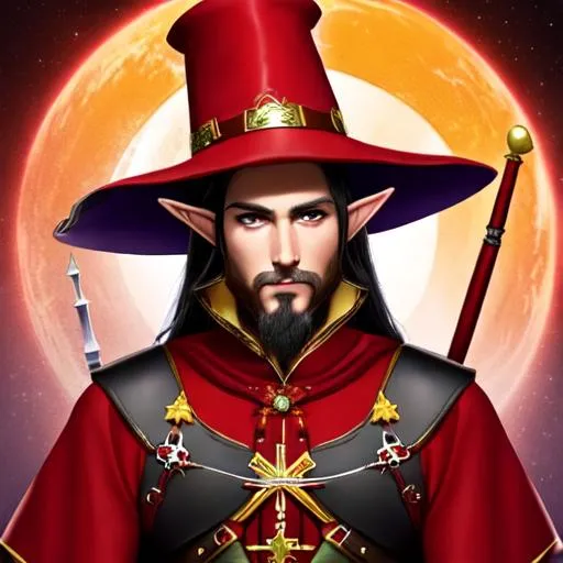 Prompt: An Elf wearing red and gold spanish inquisition/viking clothes, with a wide red sun hat, with black leather gloves, black hair, purple eyes, a long goatee.