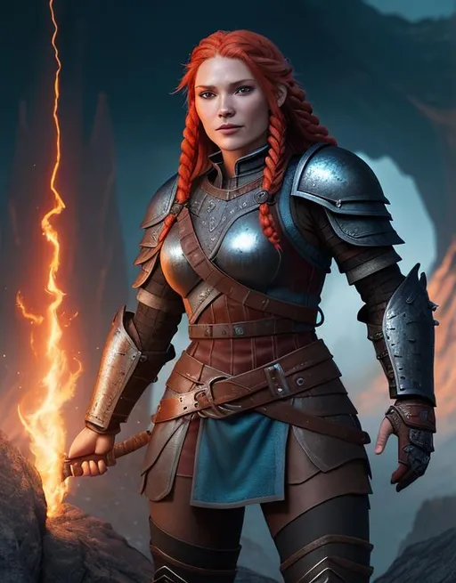 Prompt: Digital art, woman viking, ((bright colors)) (((DreamShaper Version 1))), Berk of How to Train Your Dragon, subtle smile, red hair, cornrow braids, blue eyes, black gear, black armor, unreal engine, 8k octane, 3d lighting, full body, full armor