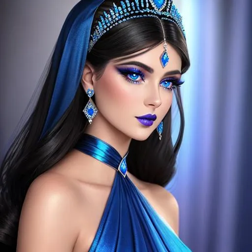 Prompt: a Sapphire lady, feminine elegant princess ,  dark hair, large blue eyes, wearing jewls in her hair,  beautiful makeup, blue eyeshadow, dark pink lipstick, facial closeup