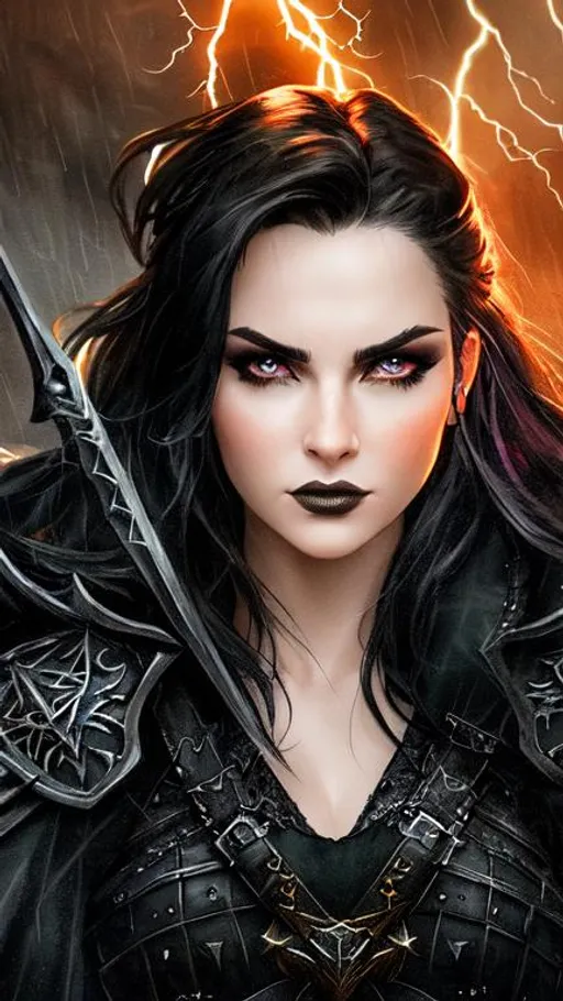 Prompt: cinematic portrait, dungeons & dragons, final fantasy concept art, watercolor, HD photography, (((beautiful goth warrior woman with realistic face, detailed face))), standing in a dark thunderstorm with lightning, battleworn, intricate steel broadsword, angry face, rage, vengeance, heavy black metal armour, (pale skin, angular eyebrows), ++[thick lips], dark hair, black hair, powerful pose, crimson,  high contrast, ethereal, royal vibes, 3D lighting, castle, ruins, rubble