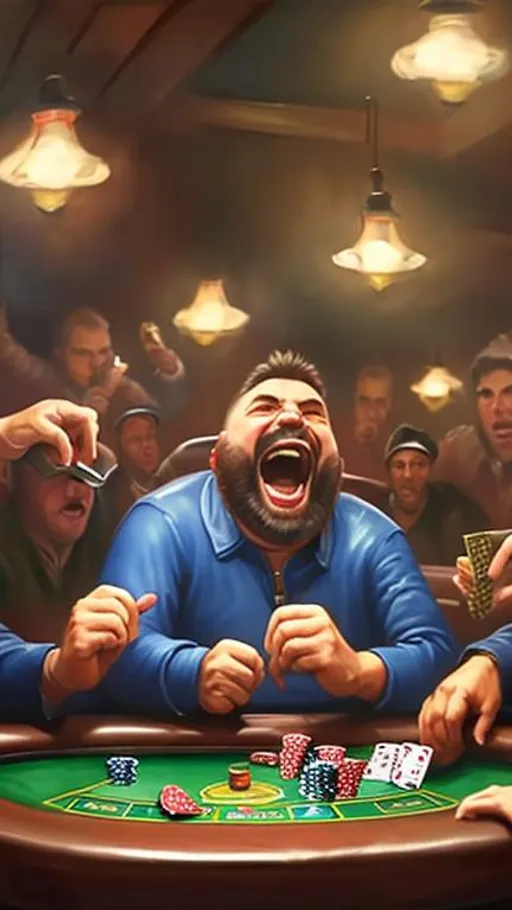 Prompt: high quality painting of a poker playing bandit yells, throwing his cards while the other players at poker table look concerned