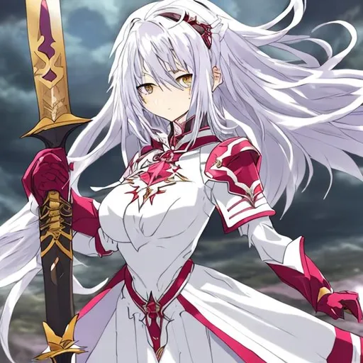 Prompt: anime woman is standing. woman has red eyes, has white long hair. She is handling the sword after hard battle. Dinamic pose. She is gorgeous. She is in white dress and armor