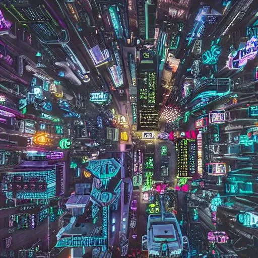 Prompt: Cyberpunk city street from above 