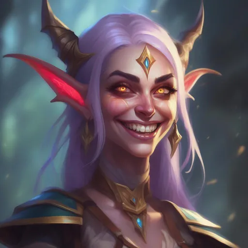 Prompt: d&d eladrin arcane trickster, mad toothy grin, heroic, brightly glowing eyes, badass, magic AF, colorful, chaotic, dangerous, hi res, lucky, femme, gorgeous, long elf ears, unhinged, creepy