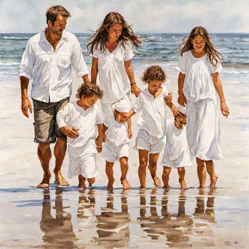 Prompt: "Holding the Family Together" - A young family with two small children walking on the ocean shore at low tide. Sandy heather. They all wear light white summer clothes. Togetherness, love, joy, trust, playfulness. Steve Hanks's fine art, hipper realistic watercolor, extremely detailed. emotional realism.