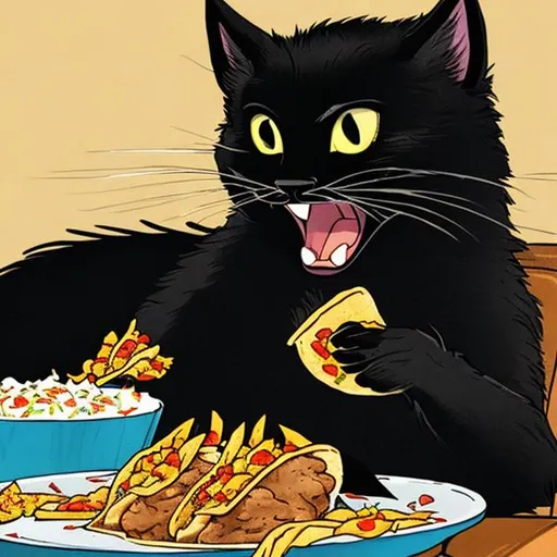 Prompt: A black cat eating tacos