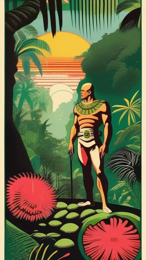  A silk screen illustration a handsome bald explorer  looking at a vast rainforest with an Amazon 