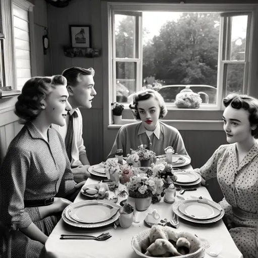 Prompt: Saoirse Ronan and Jack Lowden as an American 1950s era couple and Olivia Cooke as their 1950s era neighbor who was invited to have dinner with them.