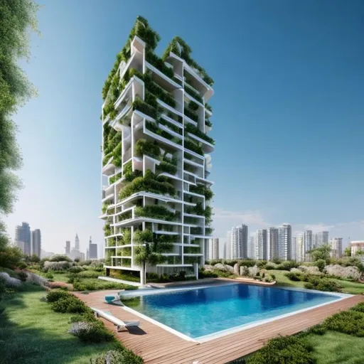 Prompt: A complete body form of a stunningly beautiful, hyper realistic sustainable with garden skyscraper at the beach over a skyline of an Adriatic Sea town
