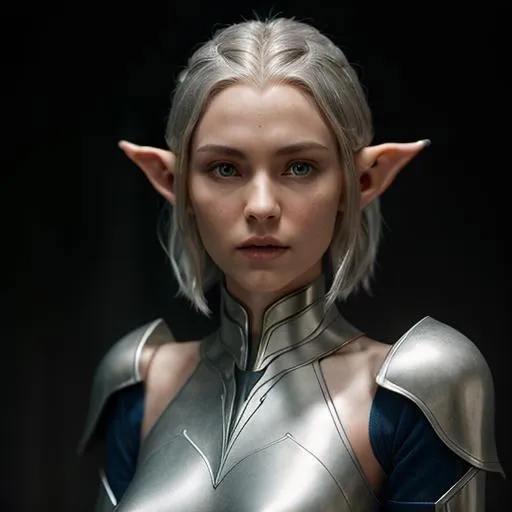 Prompt: highly detailed realistic photograph of a very slender featured elf character in a sci-fi setting, full body scene, noble clothing, symmetrical face, ideal features, short ears, silver hair, 85mm lens, f8, photography, ultra details, natural light, light background, photo, Studio lighting, cinematic, lord of the ring elf
