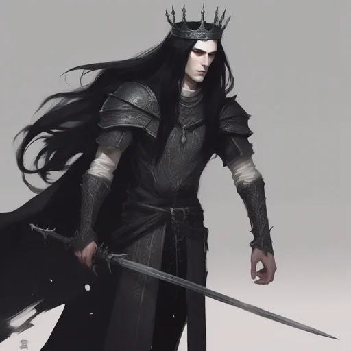 Prompt: dnd a thin and tall human man with long straight black hair and pale skin wearing a black thorn crown