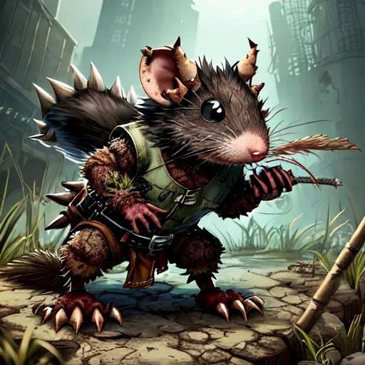 Prompt: Anthropomorphic mutated scupted athletic Rat Thief with furry skin and a spiky on its head.
Swamp with reeds and rocks background, Hard Lighting, Harsh Shadows, Industrial environment, rusted metal, urban decay