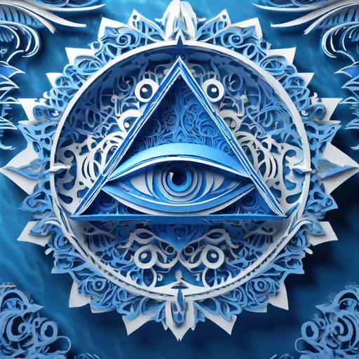 Prompt: "An intricate blue-shaded paper kirigami of All-Seeing Eye, floating over Ocean's Surface, by Mark Poole, Nahoko Kojima. Hyperfine detail, Rendered in ZBrush, Masterful Composition, Reimagined by industrial light and magic, ornate, 4k, smooth volumetric lighting, HDR, CGSociety, Cinema 4D, 3Delight, shadow depths"
