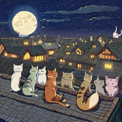 Prompt: Group of cats meeting on a roof at night, stars, moon, houses, rooftops, style of Studio Ghibli