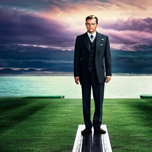 Prompt: ((Cinematic high quality)) ((portrait masterpiece photo)) Gatsby standing on dock reaching his hand out, green light on the horizon