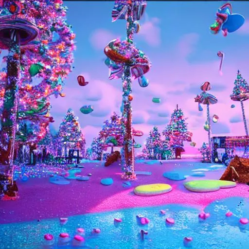 Prompt: Paradise in heaven, Vivid, V-Ray Lighting, Reflections, Refraction, Intricate Details, Realistic, Sharp, Octane Render, UHD, 4K, 8K, pastel colors, chocolate fountain, candy drop trees, beautiful, candy canes, syrup lale, waffle cone mountains, kit cat road

