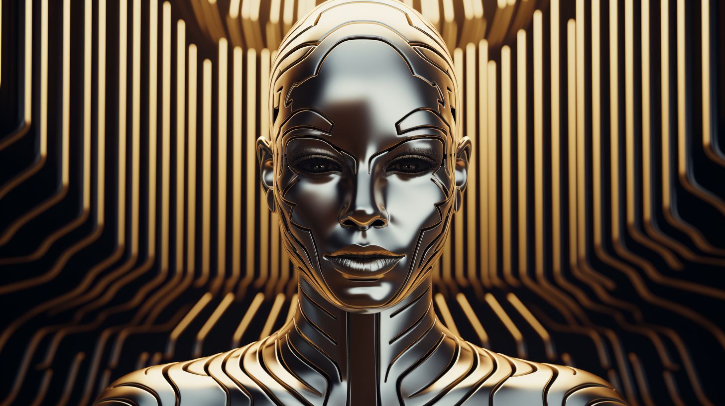 Prompt: the head and shoulders of a metallic man, in the style of futurism influence, 8k 3d, stripes and shapes, machine aesthetics, exaggerated facial features, captivating gaze, idealized beauty in wide ratio