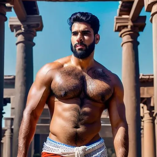 Prompt: scene of hyperreal tall "beautiful" "sensual" hunk with beautiful face, kurukshetra, very hairy pecs and "sensual calves", "dhoti", shawl, arena, perfect composition, hyperrealistic, super detailed, 8k, high quality, trending art, trending on artstation, sharp focus, studio photo, intricate details, highly detailed, by greg rutkowski