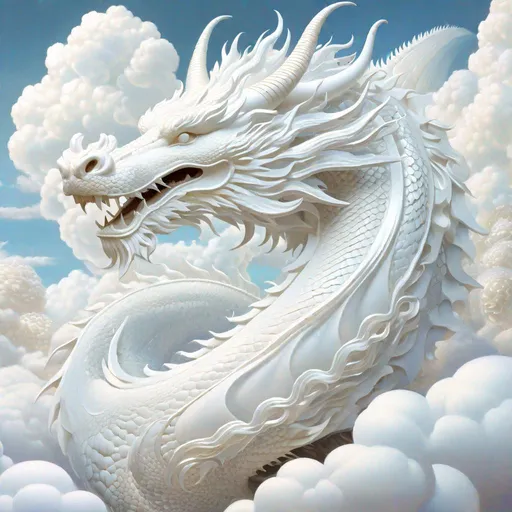 Prompt: "Intricate white Chinese Fantasy Dragon made of , emerging from , surrounded by Beautiful soft ethereal puffy clouds! all-white translucent puffy clouds. Hyper detailed, hyper realistic, intricate, beautiful lighting, add air of mystery by "Oliver Wetter", "Geoff Johns", and "Damien Hirst","