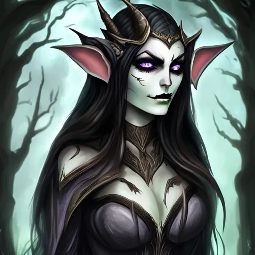 Prompt: undead female half elf, pulled back black hair, dark eyes, druid 


