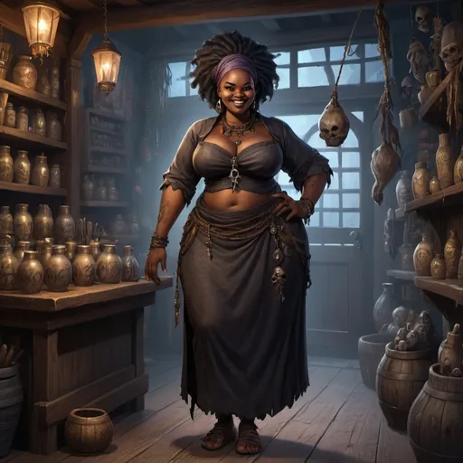 Prompt: Full body, Fantasy illustration of a female black voodoo merchant,  young, full figured, cunning expression, mischievous smile, creepy atmosphere, high quality, rpg-fantasy, detailed, voodoo shop background