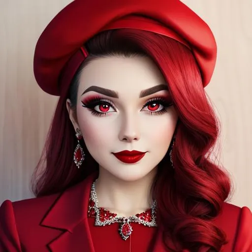 Prompt: Ruby lady-lady all in red, pretty makeup, elegant, nice clothes, red beret, facial closeup