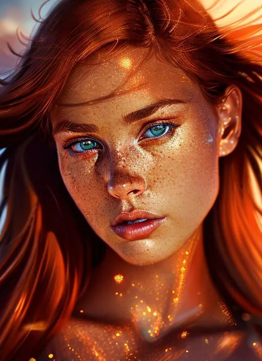 Prompt: Portrait of girl with copper hair and with pretty face, dark brown eyes, summer sunset vibe, perfect composition, hyperrealistic, super detailed, 8k, high quality, trending art, trending on artstation, sharp focus, studio photo, intricate details, highly detailed, sunkissed