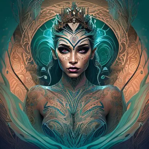 Prompt: full body illustration of a beautiful queen of the fae, tribal tattoos, in the ocean, soft lighting, bichromium, light rays through water, stylized with spirals, beautiful face, symmetrical, makup, Red and Teal tones, asymmetrical background, seductive, 24mm, creative bokeh, intricate clothing, fantasy, artstation, very complex hyper-maximalist, overdetailed, 3d ray tracing, 8k resolution, Ultra-detailed 3D Octane Render, photorealistic, concept art, Sharp Focus, golden ratio, low-angle, intense shadows, intense lighting, splash screen, tonemapping.