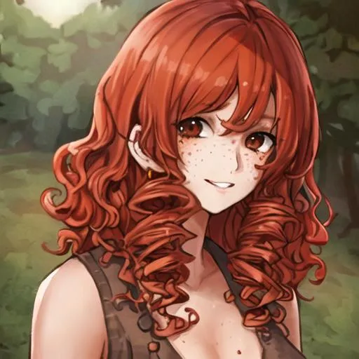 Prompt: Female, red curly hair, freckles, brown eyes