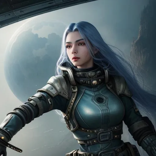 Prompt: Realistic futuristic dystopian landscape, heavy mist, at the edge of space, with a large time hole on the sky,

Depicting a female Steampunk style High Fantasy Damani, an exquisite portrayal of an exotic, gorgeous, slender, long random colored hair, ultra realistic young adult woman, in a feminine spacesuit and clear helmut, wearing a heavy iron collar,

Gorgeous perfectly detailed facial features, long legs, sumptuous perfect body, ultra pale, visible midriff,

Perfect studio lighting, perfect shading, Professional Photo Realistic Image, RAW, artstation, splash style dark fractal paint, contour, hyper detailed, intricately detailed, unreal engine, fantastical, intricate detail, steam screen, complimentary colors, fantasy concept art, 64k resolution, deviantart masterpiece, splash arts, ultra details, Ultra realistic, hi res, UHD, complete 3D rendering.