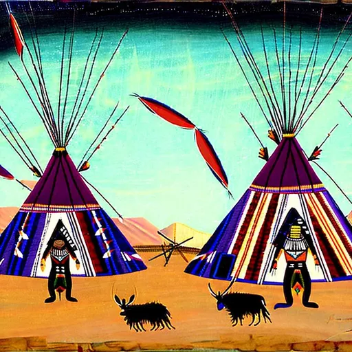 Prompt: Native American ledger art of Native Americans standing next to cyberpunk tipis, highly detailed, highly decorated, masterpiece