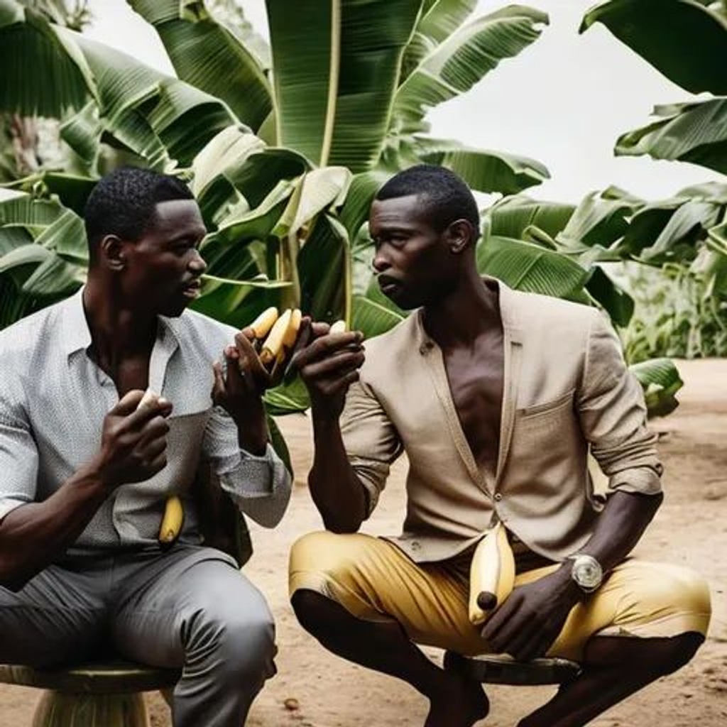 Prompt: Elegant men eat bananas under a palm