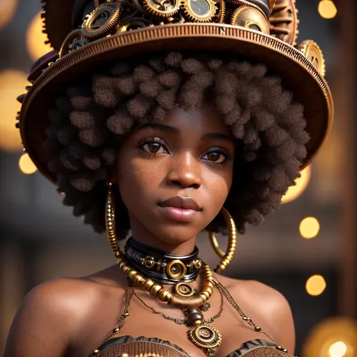 Prompt: 8K UHD, steampunk afro girl with hat, foto realistic,fractal ornaments, old technic very detailed, wonderful perfect eyes, very detailed,   clear, warm cinematic lighting, perfect contrast,

